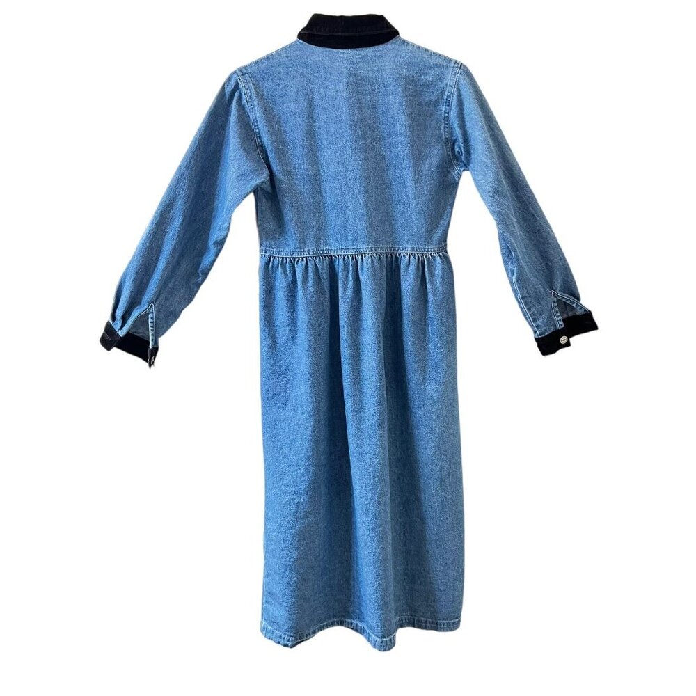 Vintage Elements Spiegel Blue Denim Dress Sz 2P Black Velvet Trim Cotton USA L/S - Picture 2 of 13